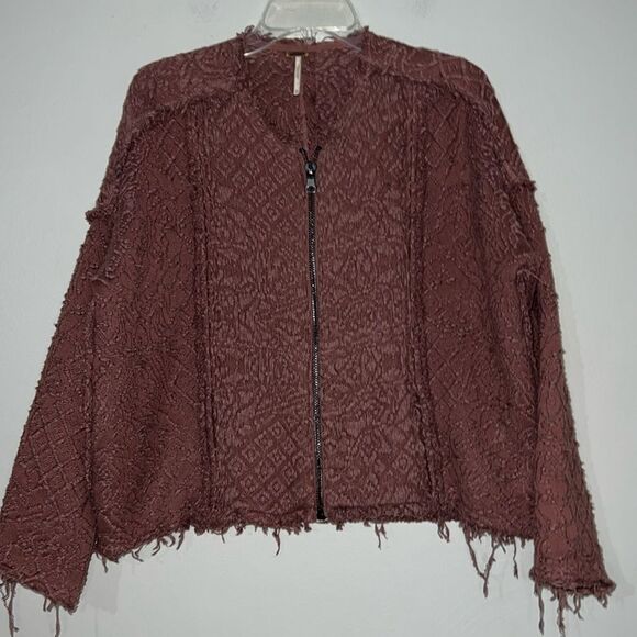 Free People Boho Zip Jacket Womens Size XS Brown Textured Raw Hem Cotton Sweater - Picture 2 of 9